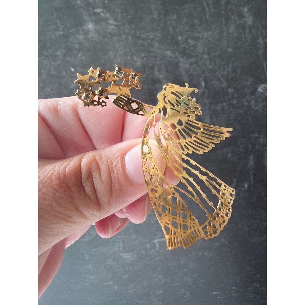 Rhinestone Filigree Angel Gold Tone Metal Brooch Vintage Costume Jewelry